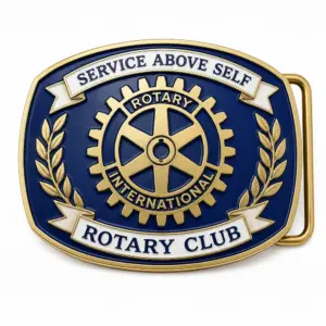 Custom Rotary Club belt buckle with blue enamel background, gold Rotary International gear emblem, Service Above Self banner, laurel branches, white ribbon text, and polished gold border.