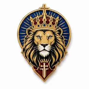 Pin esmaltado con la cruz del «León de Judá» coronado, con cabeza de león dorada, corona real, detalles esmaltados en azul y rojo, contorno dorado ornamentado y fondo blanco.