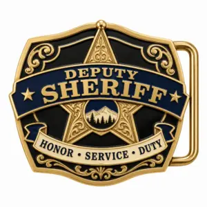 Deputy sheriff honor service duty belt buckle with gold five point star badge, navy enamel banner, mountain center emblem, ornate scrollwork, side belt loop, and white background.