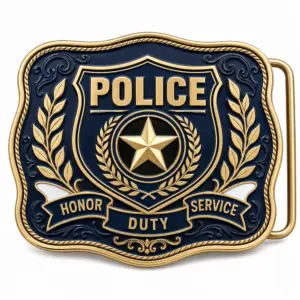 Navy gold police honor duty service belt buckle with raised badge shield, gold star, laurel branches, scrollwork, belt loop, and white background.