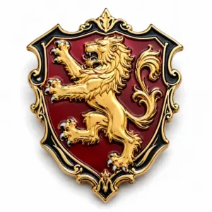 Pin esmaltado con un león rampante sobre un escudo rojo, con un león heráldico dorado en relieve, fondo esmaltado en rojo intenso, marco ornamentado negro, contorno dorado pulido y fondo blanco.