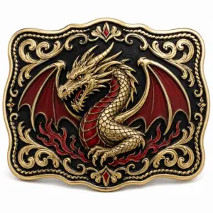 Hebilla de cinturón con un dragón de alas rojas doradas sobre fondo esmaltado negro, con el dragón en relieve dorado, alas rojas, detalles de llamas rojas, volutas doradas y fondo blanco.