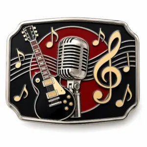 Hebilla de cinturón musical con micrófono de guitarra, con fondo esmaltado en negro y rojo, guitarra eléctrica, micrófono vintage, clave de sol dorada, notas musicales y fondo blanco.
