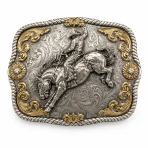 Hebilla de cinturón de rodeo de plata antigua con una figura en relieve de un jinete montando un caballo salvaje, fondo con motivos en espiral grabados, esquinas con motivos florales dorados, borde de cuerda y fondo blanco.