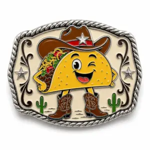 Hebilla de cinturón divertida con diseño de taco vaquero, con un personaje de taco que guiña el ojo, sombrero marrón, botas, detalles de cactus, motivos decorativos del oeste, borde de cuerda y fondo blanco.