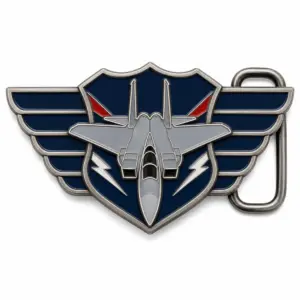 Fighter jet wings belt buckle with silver aircraft, navy enamel wings, shield center, red accents, lightning bolts, antique silver border, and white background.