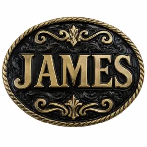 James gold name belt buckle with raised brass lettering, black engraved western background, rope border, scroll accents, oval shape, and white background.