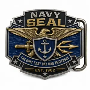 Navy SEAL easy day belt buckle with gold eagle, shield anchor emblem, trident, navy ocean enamel background, The Only Easy Day Was Yesterday ribbon, and white background.