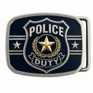 Police duty badge belt buckle with navy enamel background, raised silver shield, gold star and laurel wreath, duty lettering, side belt loop, and white background.