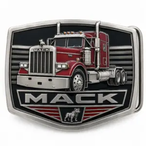 Red Mack semi truck belt buckle with raised red big rig, chrome grille and exhaust stacks, black enamel background, Mack lettering, bulldog emblem, and white background.