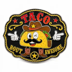 Hebilla de cinturón «Taco Bout Awesome» con un personaje de taco que guiña el ojo, sombrero de vaquero, bigote, botas, las letras «TACO» en rojo, un borde dorado en forma de cuerda y fondo blanco.