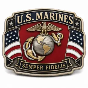 U.S. Marines Semper Fidelis belt buckle with red enamel center, Eagle Globe and Anchor emblem, American flag side panels, gold lettering, and white background.