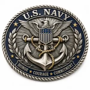 U.S. Navy eagle anchor belt buckle with raised silver eagle, fouled anchor, navy enamel ring, laurel branches, honor courage commitment text, rope border, and white background.