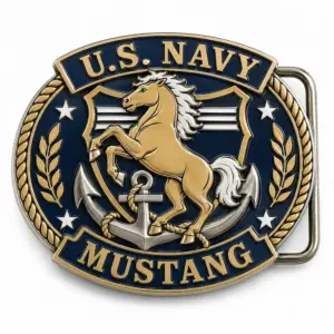 U.S. Navy Mustang anchor belt buckle with raised gold horse, silver fouled anchor, navy enamel shield, laurel branches, gold lettering, side belt loop, and white background.