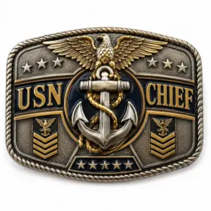 USN Chief eagle anchor belt buckle with raised gold eagle, fouled anchor center, navy enamel panels, chief rank insignia, stars, rope border, and white background.