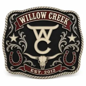 Hebilla de cinturón con la marca del rancho Willow Creek, que incluye la marca de ganado «WC», una calavera de cuerno largo, herraduras, estandartes color burdeos, motivos decorativos de estilo western, un borde de cuerda y fondo blanco.