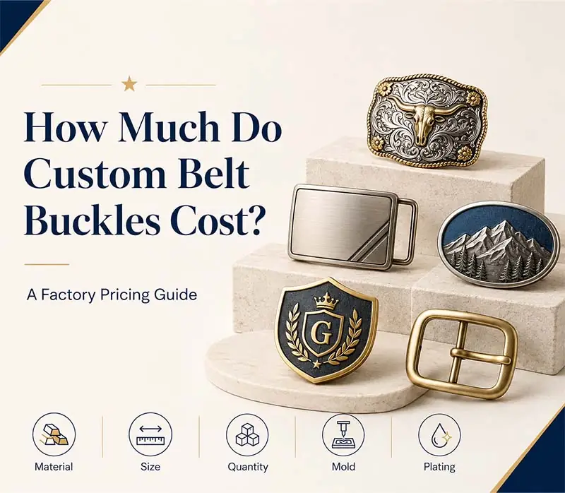A custom belt buckle pricing guide graphic showing different buckle designs with key cost factors including material, size, quantity, mold, and plating.