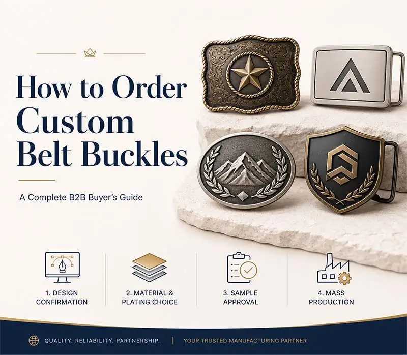 A B2B buyer's guide infographic showing the custom belt buckle ordering process, including design confirmation, material and plating choice, sample approval, and mass production steps with various custom buckle examples.